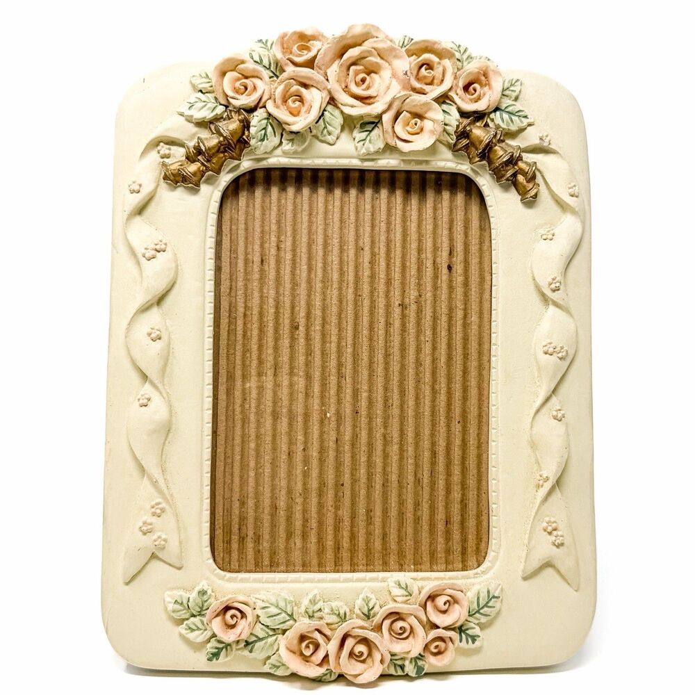 Vintage Shabby Chic Floral Rose Picture Frame 5x7 Cottagecore Ivory